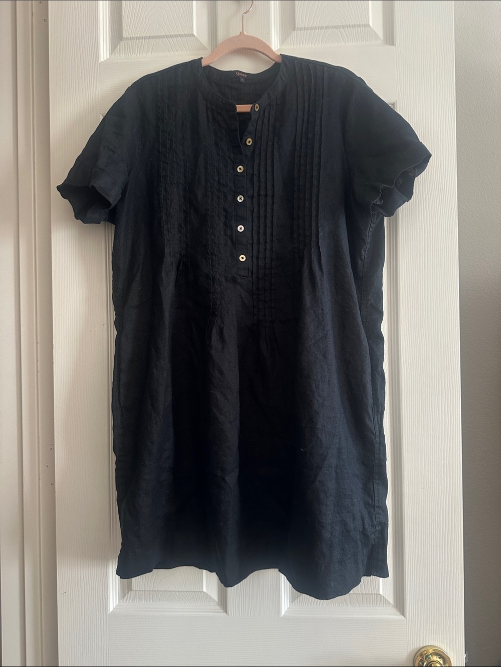 Quince European Linen Short-Sleeve Swing Pintuck Dress Black Size L. EUC. - Picture 3 of 4